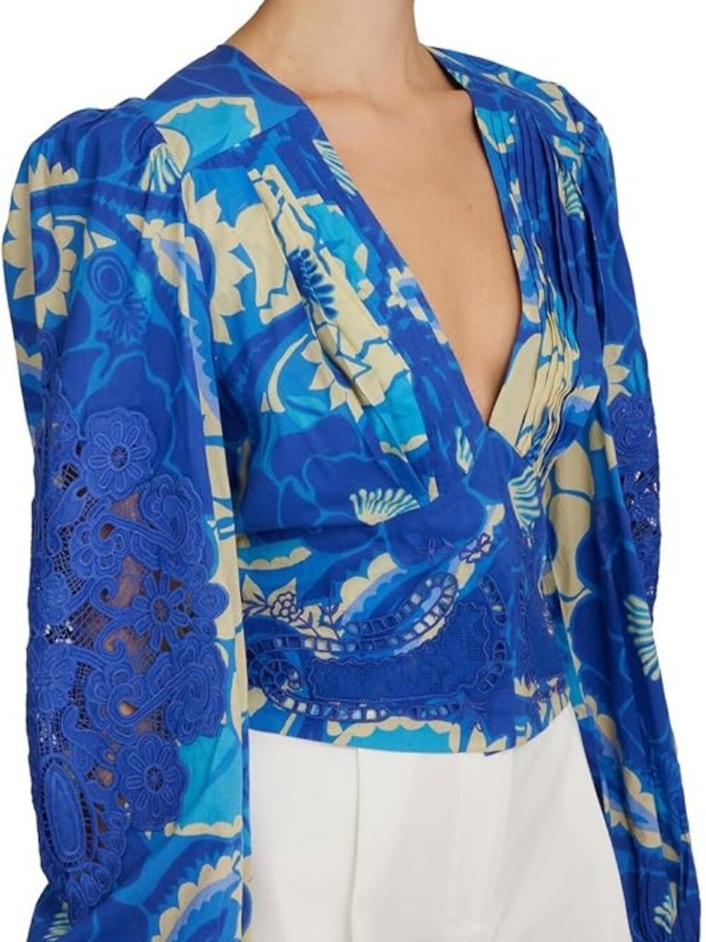 FARM Rio NWT Women's Blue Tropical Groove Blue Blouse Long Sleeves Size Small